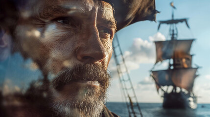Man dressed as Christopher Columbus on a ship, contemplative.