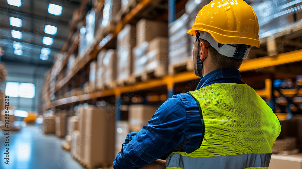 Poster warehouse worker in safety vest and helmet observing inventory in storage facility. organized shelve