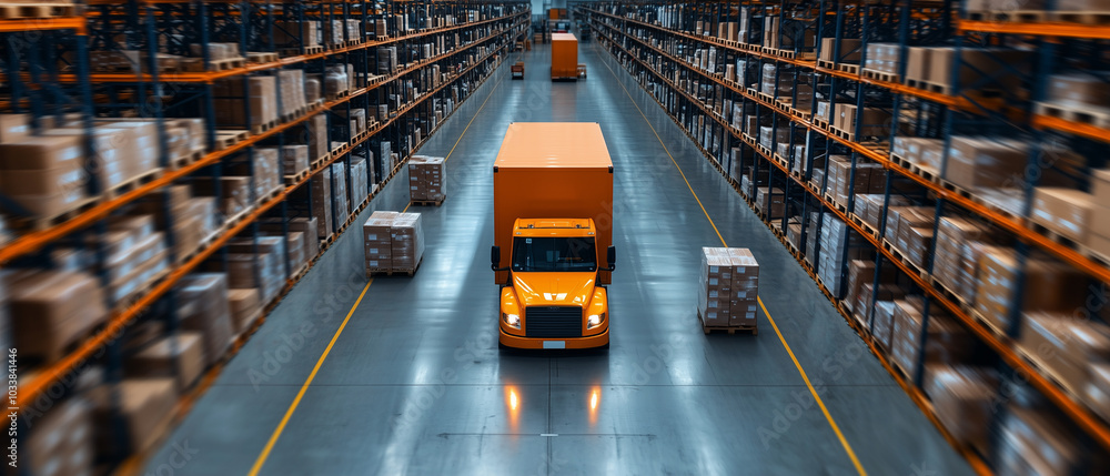 Poster large distribution center with rows of shelves filled with boxes is shown, featuring orange truck dr