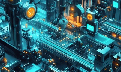 Fototapeta premium Futuristic AI Factory with Glowing Elements and Machinery