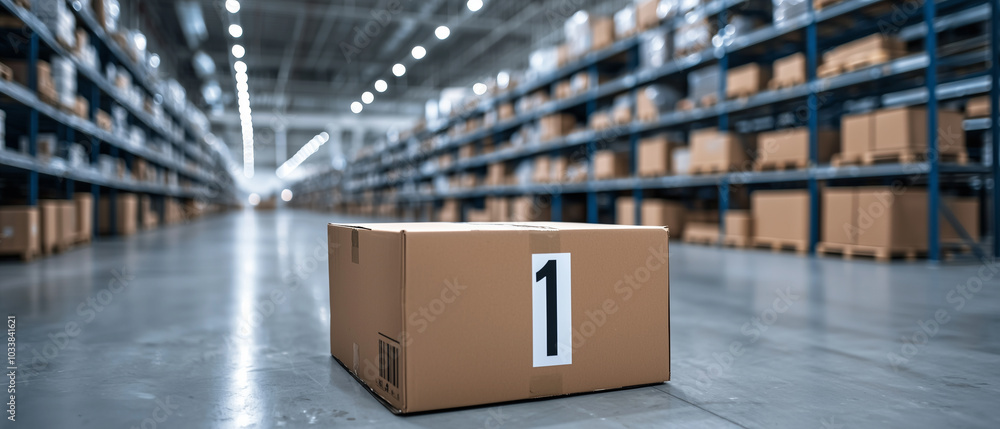 Poster large distribution center with rows of shelves filled with boxes creates organized and efficient storage environment. focus is on single cardboard box, emphasizing logistics and inventory management