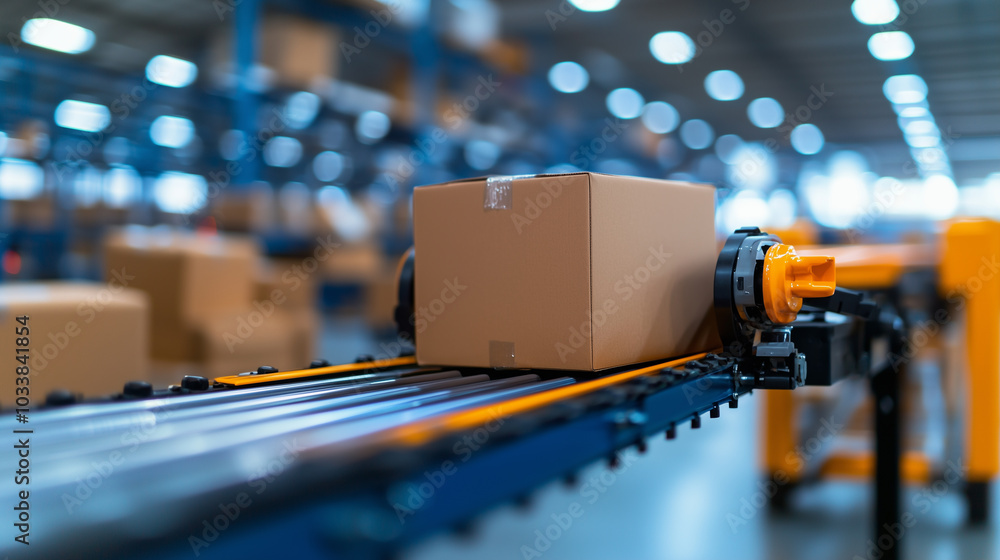Poster Automated sorting system in warehouse with packages moving along conveyor belt, showcasing efficiency and modern logistics