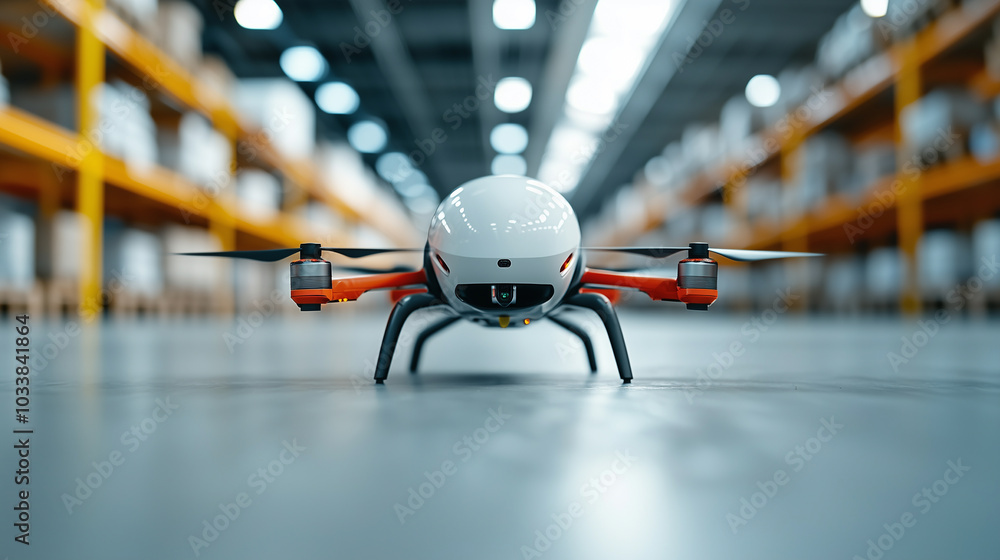 Poster Automated warehouse drone scanning shelves in futuristic setting, showcasing advanced technology and efficiency in logistics. scene captures essence of modern automation and innovation