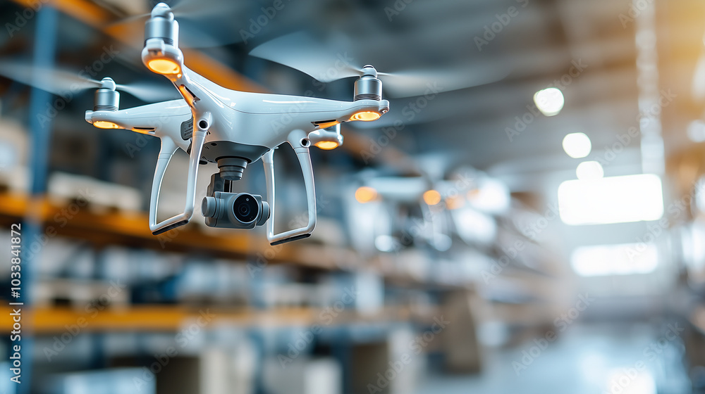 Poster Automated drones are scanning shelves in futuristic warehouse environment, showcasing advanced technology and efficiency in inventory management