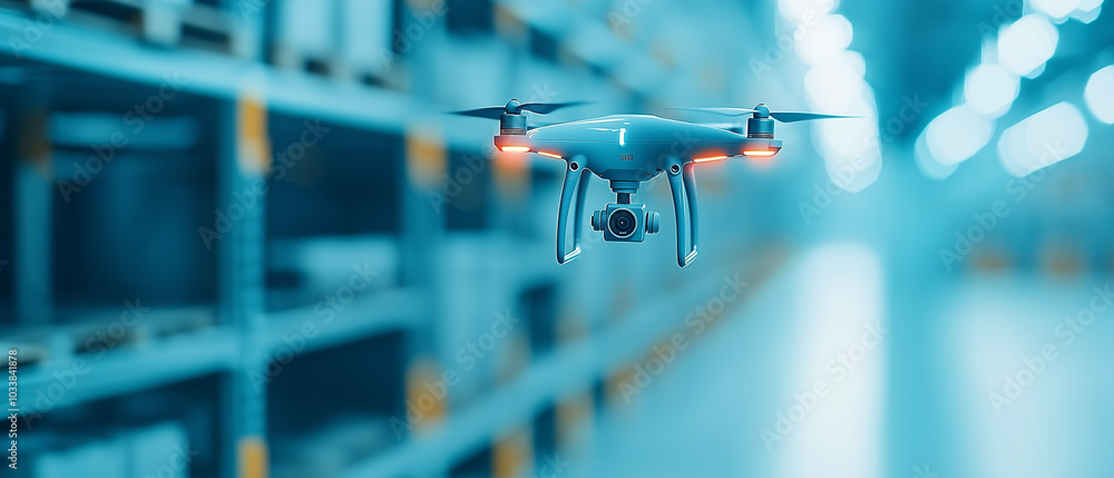 Poster automated warehouse drone scanning shelves in futuristic environment, showcasing advanced technology