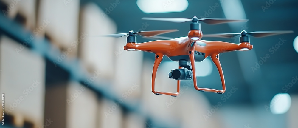 Poster automated warehouse drone scanning shelves in futuristic environment, showcasing advanced technology