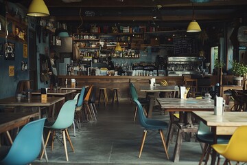 Obraz premium Rustic Cafe Interior with Wooden Tables and Vintage Chairs