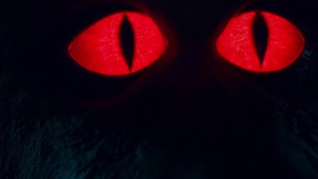 Fiery red demonic eyes glowing menacingly in the pitch-black darkness, adding a supernatural aura.
