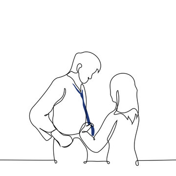 recommend clip art: woman tying a man's tie or flirting with him seducing - one line art vector. concept woman touching a tall man's tie