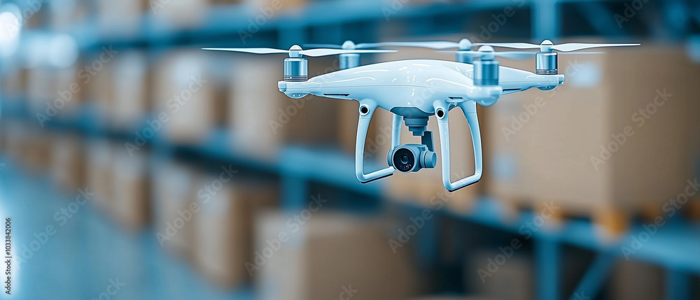 Poster automated warehouse drones scanning shelves in futuristic setting, showcasing advanced technology an