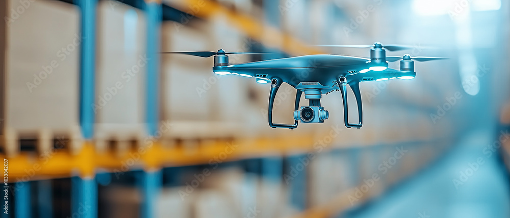 Poster automated warehouse drones scanning shelves in futuristic environment, showcasing advanced technolog