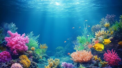 Naklejka premium Underwater world scene with vibrant marine life, fish, and plants on the seabed. Marine life concept.