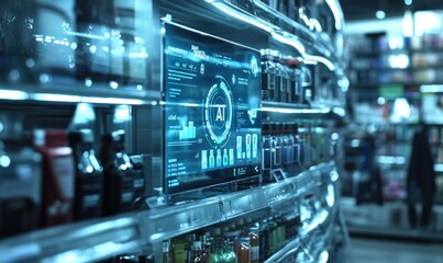 Futuristic AI Display in Modern Retail Store