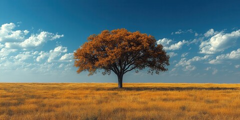 Fototapeta premium Vivid Tree in Expansive Yellow Field Beneath Deep Blue Sky