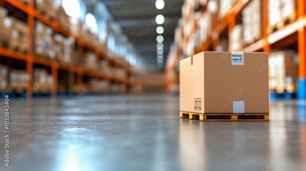 Poster cardboard box on wooden pallet in spacious warehouse filled with shelves of inventory. scene conveys
