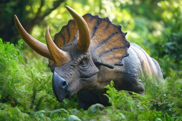 Fototapeta premium A large dinosaur with horns and a long neck is walking through a lush green forest. The scene is peaceful and serene, with the dinosaur blending in with its surroundings