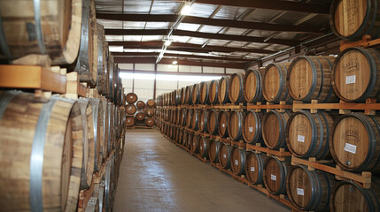 In a warehouse, old whiskey, scotch, and wine barrels are stacked.