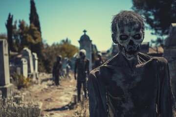 A man in a cemetery with a skeleton on his head. The cemetery is surrounded by trees and there are other people in the background. Scene is eerie and spooky
