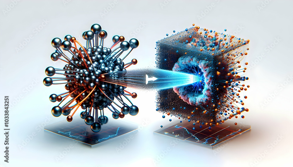 Poster 3d quantum entangled price comparison concept: split screen close-up of two quantum particles reflec