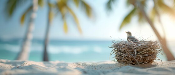 Naklejka premium Baby bird sitting in a nest on sandy beach with ocean view and palm trees.