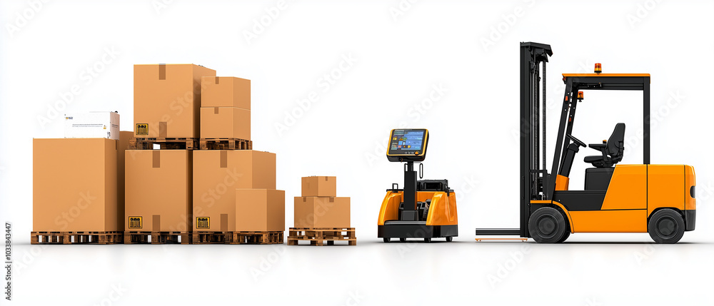 Poster Automated warehouse system featuring forklift and stacked cardboard boxes on pallets. scene showcases efficiency and modern logistics in clean environment