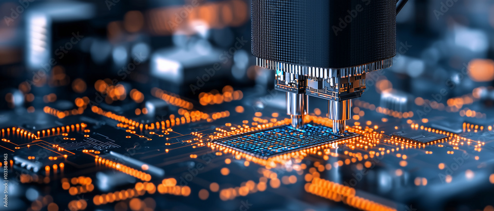Poster High tech robotic arm assembling components on circuit board, showcasing precision and automation in electronics manufacturing. vibrant orange lights highlight intricate design