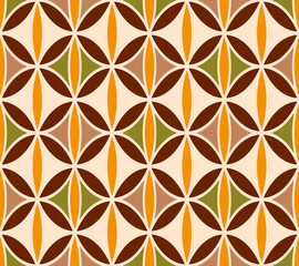 Retro midcentury circles petals geometrics brown Vector Pattern. Bohemian round geometrics in brown orange optical seamless pattern.
