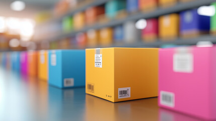 Brightly colored boxes are neatly arranged in modern warehouse interior, showcasing organized storage system. vibrant hues create lively atmosphere, enhancing visual appeal of space