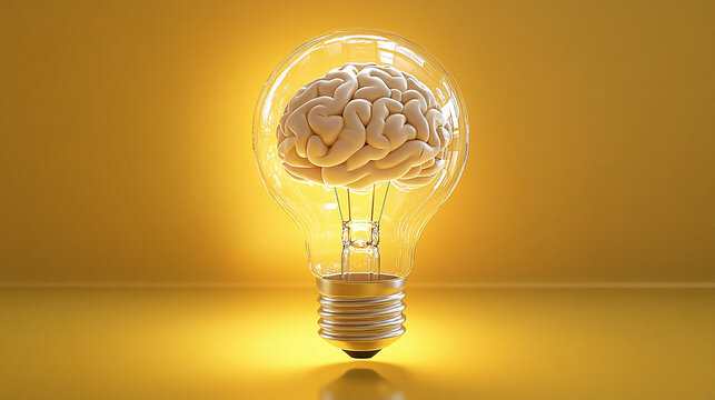 On a yellow background, a light bulb with a brain inside symbolizes innovation and the power of ideas.