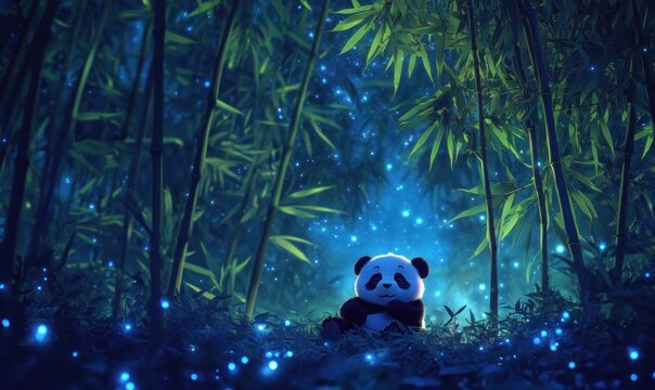 Tranquil Panda in Enchanting Bamboo Forest at Night
