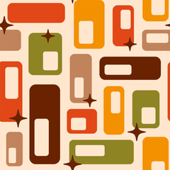 Retro Atomic oval capsules starbursts orange brown green Vector pattern. Mid-century modern style Atomic capsules seamless pattern.