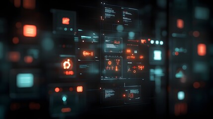 Futuristic Digital Interface with Data Visualization and Technological Displays