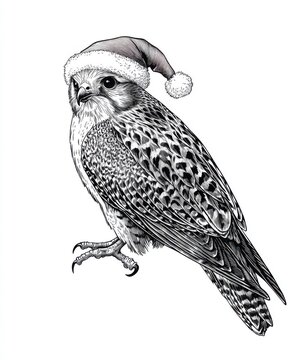 recommend clip art: Black and white Vintage engraved art of a Kestrel with a Christmas Santa hat, isolated on white background, ink sketch illustration, simple vector art design, highly detailed line art, high contrasty