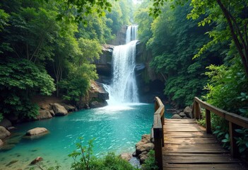 Waterfall in Lush Green Forest with Wooden Bridge