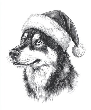recommend clip art: Black and white Vintage engraved art of a Siberian Husky wearing a Christmas Santa hat, isolated on white background, ink sketch illustration, simple vector art design, highly detailed line art