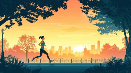 A woman jogs through a park at sunrise, surrounded by trees and a city skyline