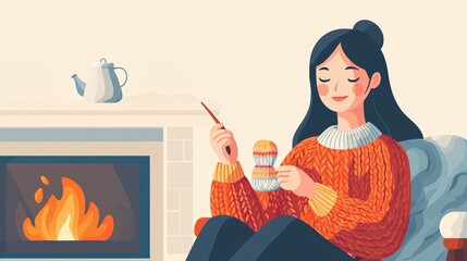 A cozy illustration of a woman enjoying a warm drink by the fireplace, wearing a knitted sweater