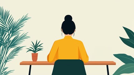 A woman sits at a desk surrounded by plants, facing away from the viewer