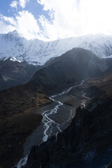 A breathtaking mountain landscape with snow-capped peaks and a winding river in the valley below.