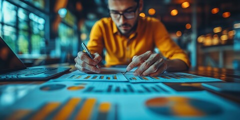 Businessman Reviewing Charts and Graphs at Workspace