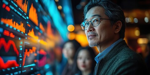 Businessman Analyzing Financial Graphs on Large Screens
