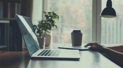 Team members using a laptop in an office setting, clean and minimalistic image with ample copy space.