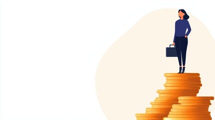 A woman stands confidently atop stacks of coins, financial success and empowerment in a modern business setting.