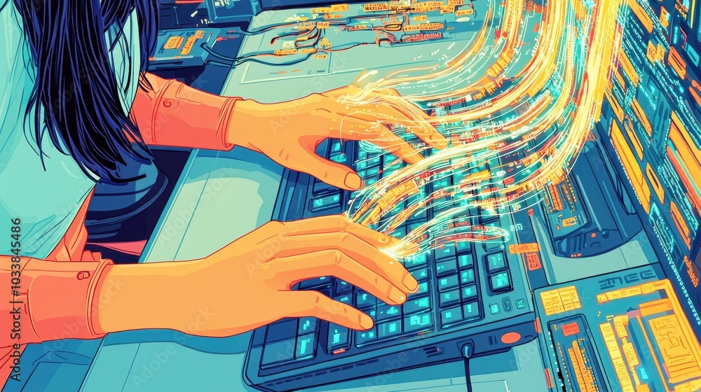 Poster a vibrant image of hands typing on a keyboard