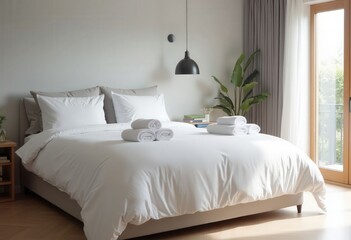 White Bed with Towels in Minimalist Bedroom  .