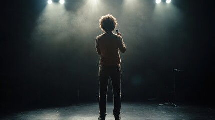 Comedian with curly hair standing under spotlight on a dark stage, holding microphone with a confident pose