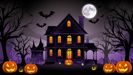 Fototapeta premium Spooky Halloween background with haunted house, eerie trees, glowing pumpkins, bats, and full moon. Dark, ominous atmosphere in black, purple, and orange.