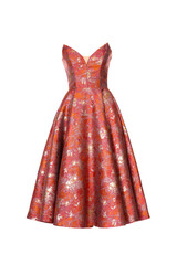 Sleeveless A-line cocktail dress with a  textured fabric featuring a vibrant mix of orange and gold tones.