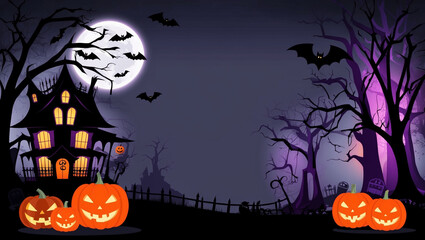 Fototapeta premium Spooky Halloween background with haunted house, eerie trees, glowing pumpkins, bats, and full moon. Dark, ominous atmosphere in black, purple, and orange.