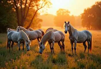 Fototapeta premium White Horses in a Field at Sunset .